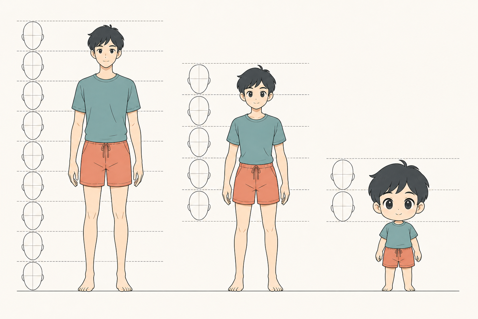 幼儿、少年、成年和英雄化人物比例对比